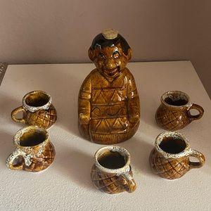 Mayan tribal clay bottle w/5 espresso style cups